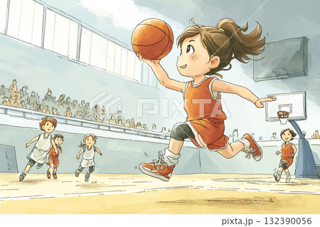 美優シリーズ：ゴールにシュートを打つ女性バスケットボール選手 132390056