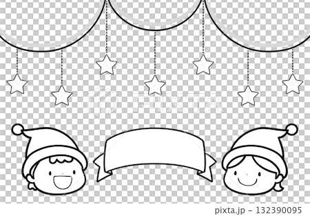 Line drawing illustration of children wearing Christmas decorations and Santa hats (for coloring) 132390095