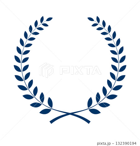 月桂樹フレームのイラスト　月桂冠シンプル　ネイビー濃紺　群青色　ベクターpng 132390194