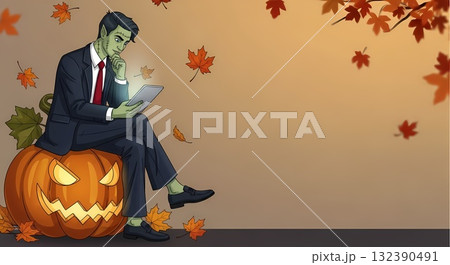 Frankenstein Businessman Sits on Pumpkin Using Tablet with Autumn Leaves 132390491