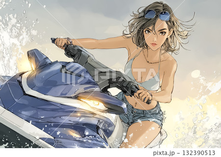 美優シリーズ：ジェットスキーを楽しむ女性　夕焼け 132390513