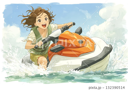 美優シリーズ：青い海でジェットスキーを楽しむ女性 132390514