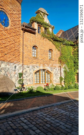 A sunny view of a charming brick building with a stone base, a clock, and green ivy climbing up the walls. 132390671