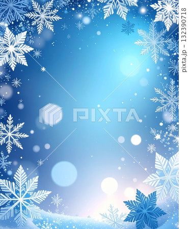 降り注ぐ雪の結晶と青い光が美しい冬のフレーム 132390718