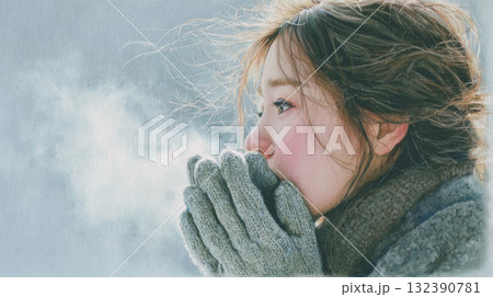 吐く息が白く広がる女性の水彩画イラスト 132390781
