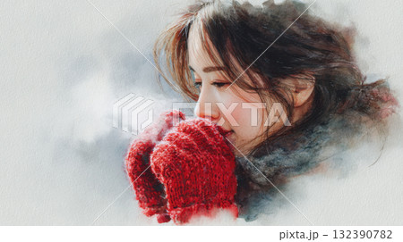 吐く息が白く広がる女性の水彩画イラスト 132390782