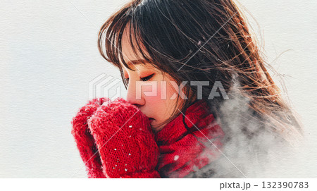 吐く息が白く広がる女性の水彩画イラスト 132390783