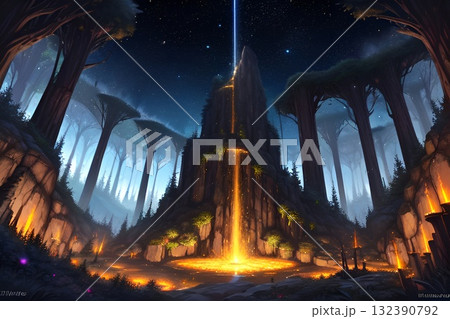 ゲーム背景　地下帝国の魔王の城を見上げた炎の広場風景 132390792