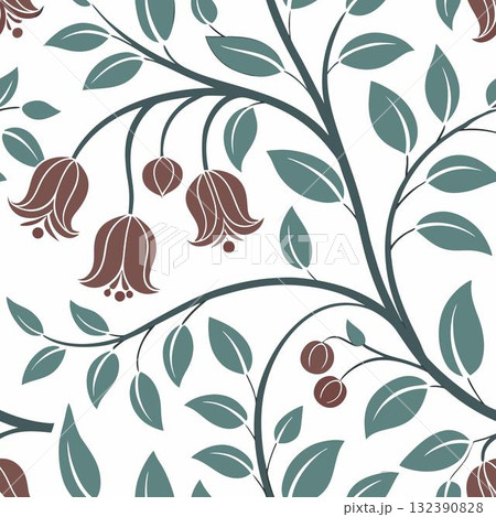 The image displays a stylized floral pattern with teal leaves and brown bell-shaped flowers on a white The image displays a stylized floral pattern with teal leaves and brown bell-shaped flowers on a white 132390828