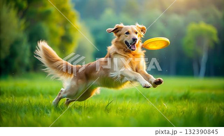 A golden retriever leaps joyfully through a sunny, grassy field, chasing after a bright yellow 132390845