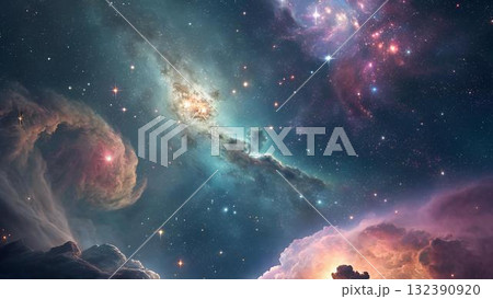 The image shows a stunning nebula in space with clouds of swirling cosmic dust and vibrant The image shows a stunning nebula in space with clouds of swirling cosmic dust and vibrant 132390920