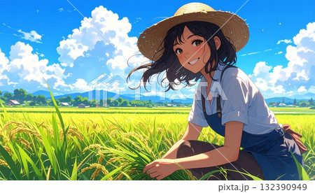 田んぼの稲刈り、農業者として働く若い女性 AI生成素材 田んぼの稲刈り、農業者として働く若い女性 AI生成素材 132390949