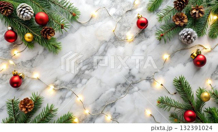 This image features a festive flat lay of Christmas decorations on a marbled white 132391024