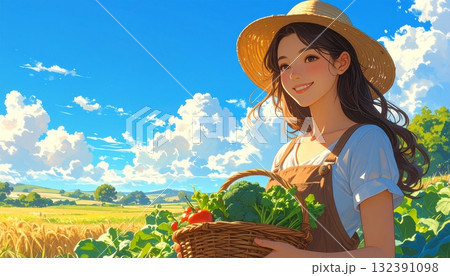畑で収穫、農業者として働く若い女性　AI生成素材 132391098