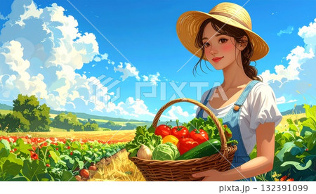 畑で収穫、農業者として働く若い女性　AI生成素材 132391099