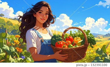 畑で収穫、農業者として働く若い女性　AI生成素材 132391100