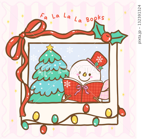 Cute Coquette Gingham Christmas Cozy Bookish Snowman Reading Book with Christmas Tree in Photo Frame Festive cartoon hand drawn holiday illustration Cute Coquette Gingham Christmas Cozy Bookish Snowman Reading Book with Christmas Tree in Photo Frame Festive cartoon hand drawn holiday illustration 132391324