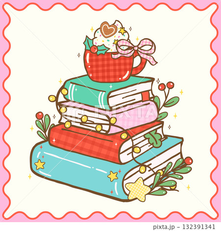 Cute Coquette Gingham Christmas Cozy Reading Bookish Stack Books with whipped cream drink and bow Decoration Festive cartoon hand drawn cozy holiday illustration Cute Coquette Gingham Christmas Cozy Reading Bookish Stack Books with whipped cream drink and bow Decoration Festive cartoon hand drawn cozy holiday illustration 132391341