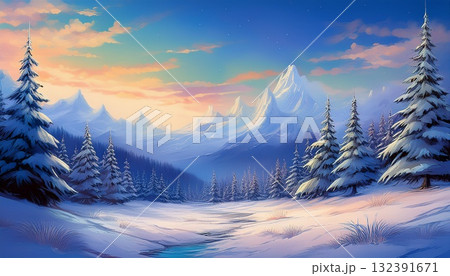 朝日に染まる雪の山並みのイラスト 朝日に染まる雪の山並みのイラスト 132391671