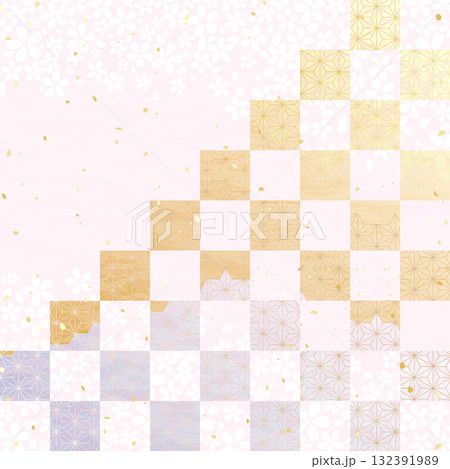 日本の伝統柄と桜の花を組み合わせた和風背景イラスト 日本の伝統柄と桜の花を組み合わせた和風背景イラスト 132391989