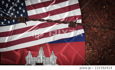 The America  and Cambodia  flag for Background concept 3d rendering. 132392918