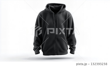 Floating black hoodie with zipper and hood isolated on clean white background. 132393238