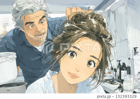 美優シリーズ：美容院、ヘアワックスで髪型を整える女性 132393329