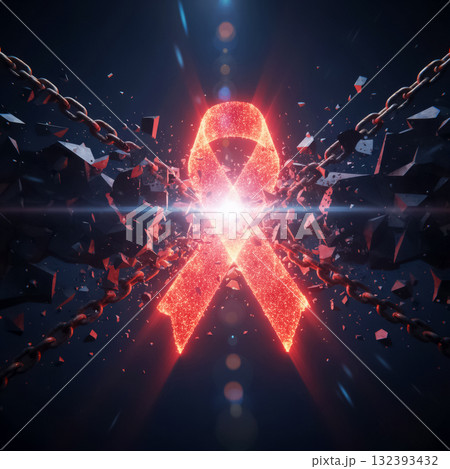 red glowing ribbon symbol breaking chains and dark fragments, a concept of breakthrough 132393432