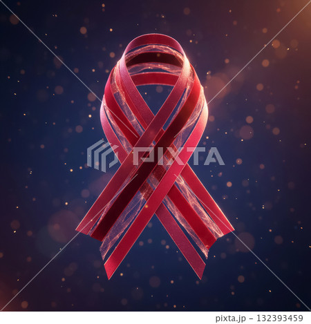 stylized red ribbon with a glowing and shimmering effect on a dark background, aids symbol 132393459