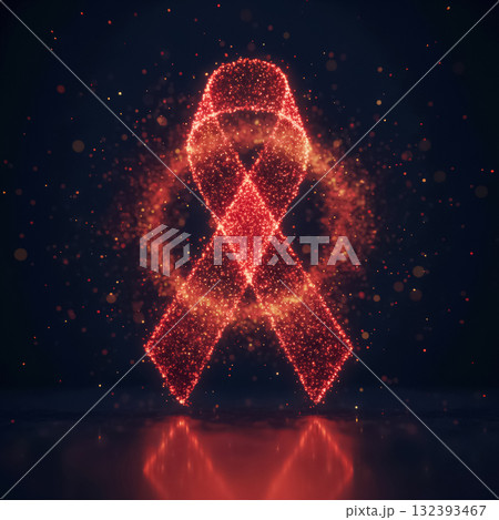glowing red aids awareness ribbon made of sparkling particles on a dark background 132393467