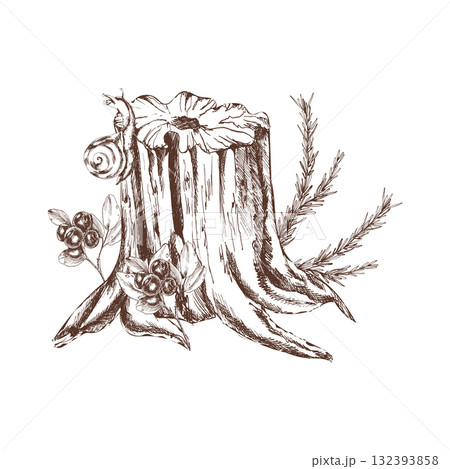 Forest wild stump with snail, blueberries and spruce ink graphics illustration. Hand drawn vector clipart, wildlife botanical painting for seasonal craft packing ,eco poster design 132393858