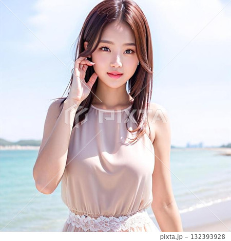 海辺でスマートフォンで話す女性 132393928