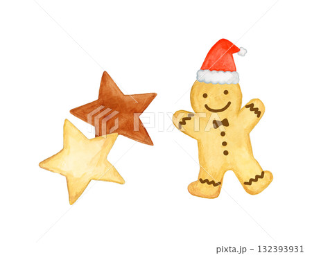 水彩で描いたジンジャーブレッドクッキーと星型クッキーのイラスト素材（クリスマス・冬・お菓子） 132393931