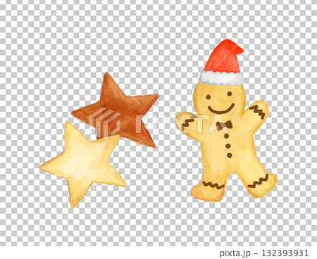 水彩で描いたジンジャーブレッドクッキーと星型クッキーのイラスト素材（クリスマス・冬・お菓子） 132393931