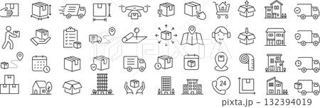 ベクターでモノクロの引っ越しに関する線画アイコンセット 132394019