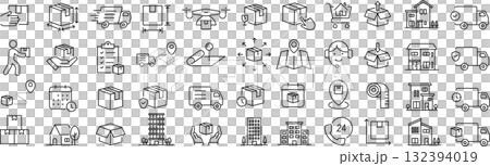 ベクターでモノクロの引っ越しに関する線画アイコンセット 132394019