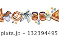 Seamless border with baby hat, booties, pacifiers and teethers watercolor illustration 132394495