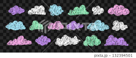 Whimsical textured cloud set. Fluffy hand drawn sky elements for baby shower or storybook illustrations. Vector illustration 132394501
