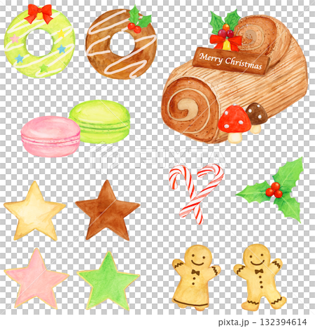 Hand-painted watercolor Christmas sweets set (donuts, Buche de Noel, cookies, gingerbread man, macaroons) Hand-painted watercolor Christmas sweets set (donuts, Buche de Noel, cookies, gingerbread man, macaroons) 132394614