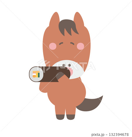 恵方巻きを食べるかわいい馬のキャラクターイラスト素材 132394678
