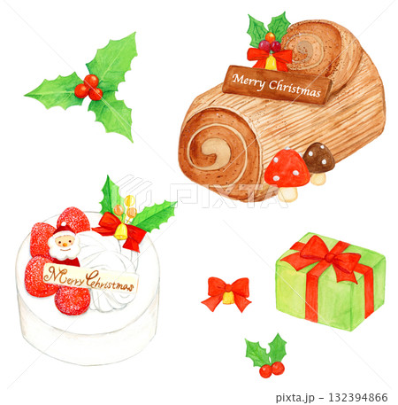 手描き水彩のクリスマスケーキセット（いちごショートケーキ・ブッシュドノエル・柊・プレゼント） 132394866