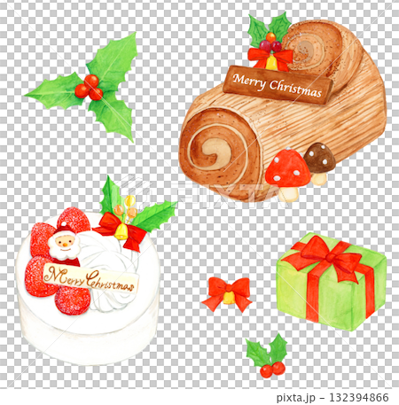 手繪水彩聖誕蛋糕組（草莓蛋糕、聖誕蛋糕、冬青、禮物） 132394866