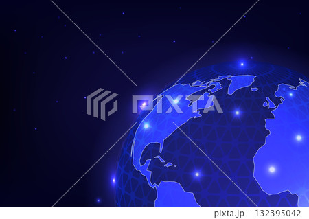 Glowing blue digital Earth with network nodes and connections, symbolizing global technology 132395042