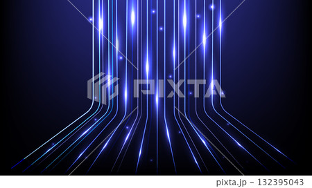 Glowing blue neon lines with light streaks and reflections creating a futuristic digital effect 132395043