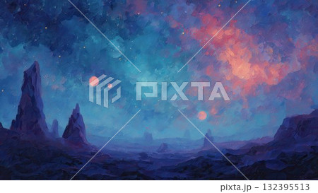 幻想的な宇宙風景 ペイント調の星空と惑星背景 幻想的な宇宙風景 ペイント調の星空と惑星背景 132395513