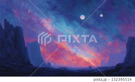 壮大な星雲と惑星が輝くペイント風宇宙アート 壮大な星雲と惑星が輝くペイント風宇宙アート 132395514