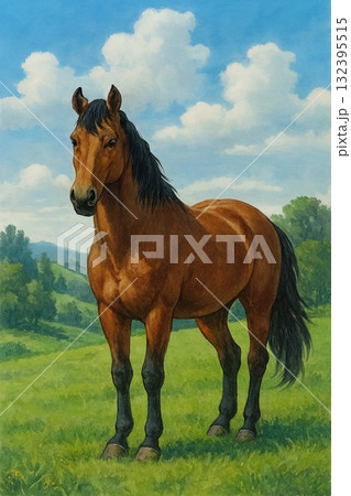 「緑の草原に立つ栗毛の馬」 「青空の下、優雅にたたずむ馬」 「自然の中の力強い栗毛馬」 「緑の草原に立つ栗毛の馬」 「青空の下、優雅にたたずむ馬」 「自然の中の力強い栗毛馬」 132395515