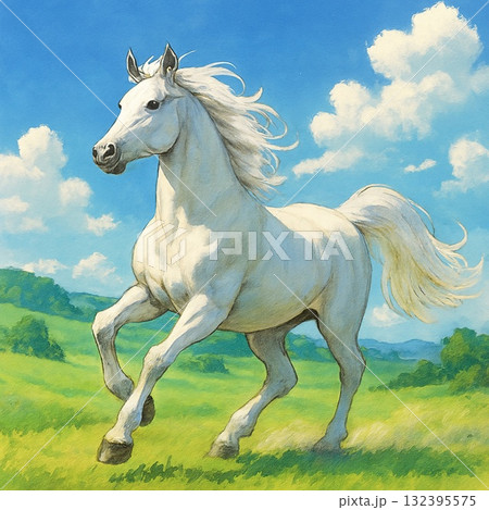 「草原を駆ける白馬」青空の下を走る幻想的な白馬 「自然の中を疾走する美しい白馬」 「草原を駆ける白馬」青空の下を走る幻想的な白馬 「自然の中を疾走する美しい白馬」 132395575