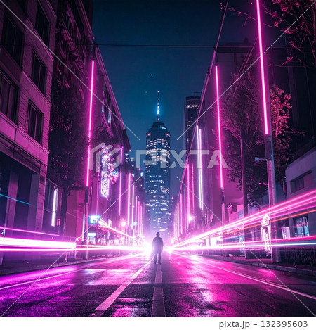 ネオン都市の孤独な旅人｜未来都市を歩く影 132395603