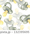 Seamless pattern with green pacifiers and yellow ribbons 132395695